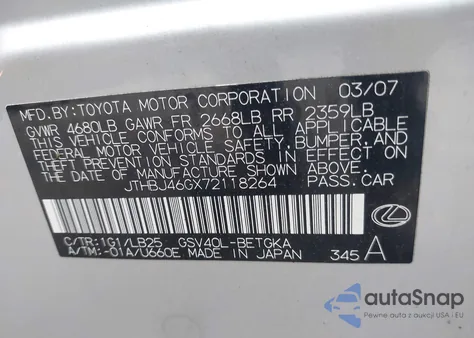 2007 Lexus Es 350 z USA, uszkodzony, nr VIN JTHBJ46GX72118264